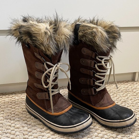 😍 SOREL WOMAN JOAN OF ARCTIC SNOW BOOTS BORWN WATERPROOF SUEDE FAUX FUR TOP 😘 - Picture 12 of 13